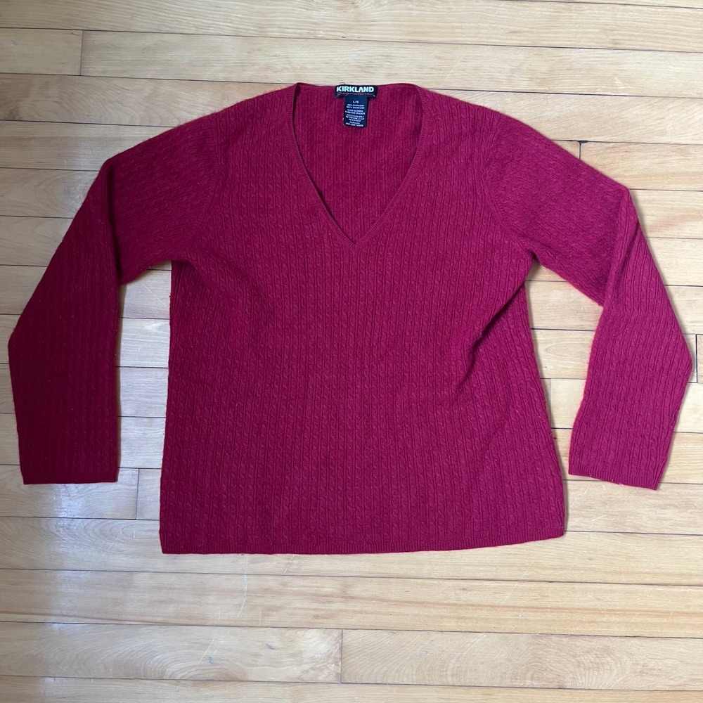 Kirkland Signature 100% Cashmere Cable Knit V-Neck Sweater Burgundy Red Large